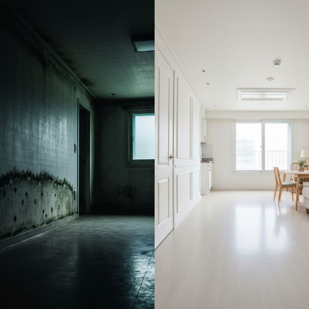 악취 제거 전후 비교 — 왼쪽: 시공 전 어둡고 냄새나는 방, 오른쪽: 시공 후 밝고 청결한 방